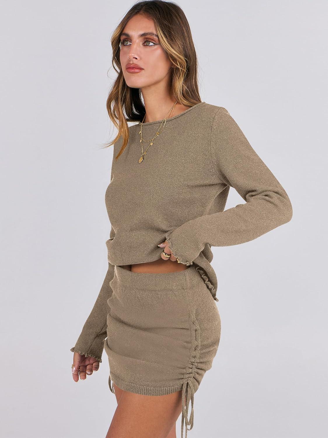 imageANRABESS Women 2 Piece Outfits Long Sleeve Sweater Top Mini Skirt Sets 2025 Fall Spring Lounge Travel Beach Clothing SetsCoffee