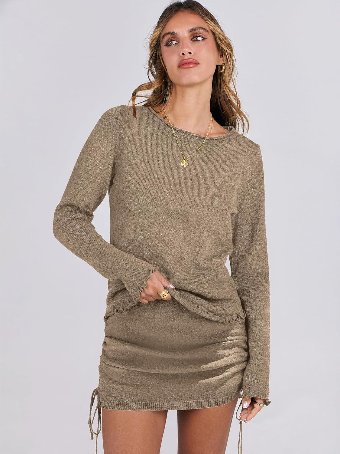 imageANRABESS Women 2 Piece Outfits Long Sleeve Sweater Top Mini Skirt Sets 2025 Fall Spring Lounge Travel Beach Clothing SetsCoffee