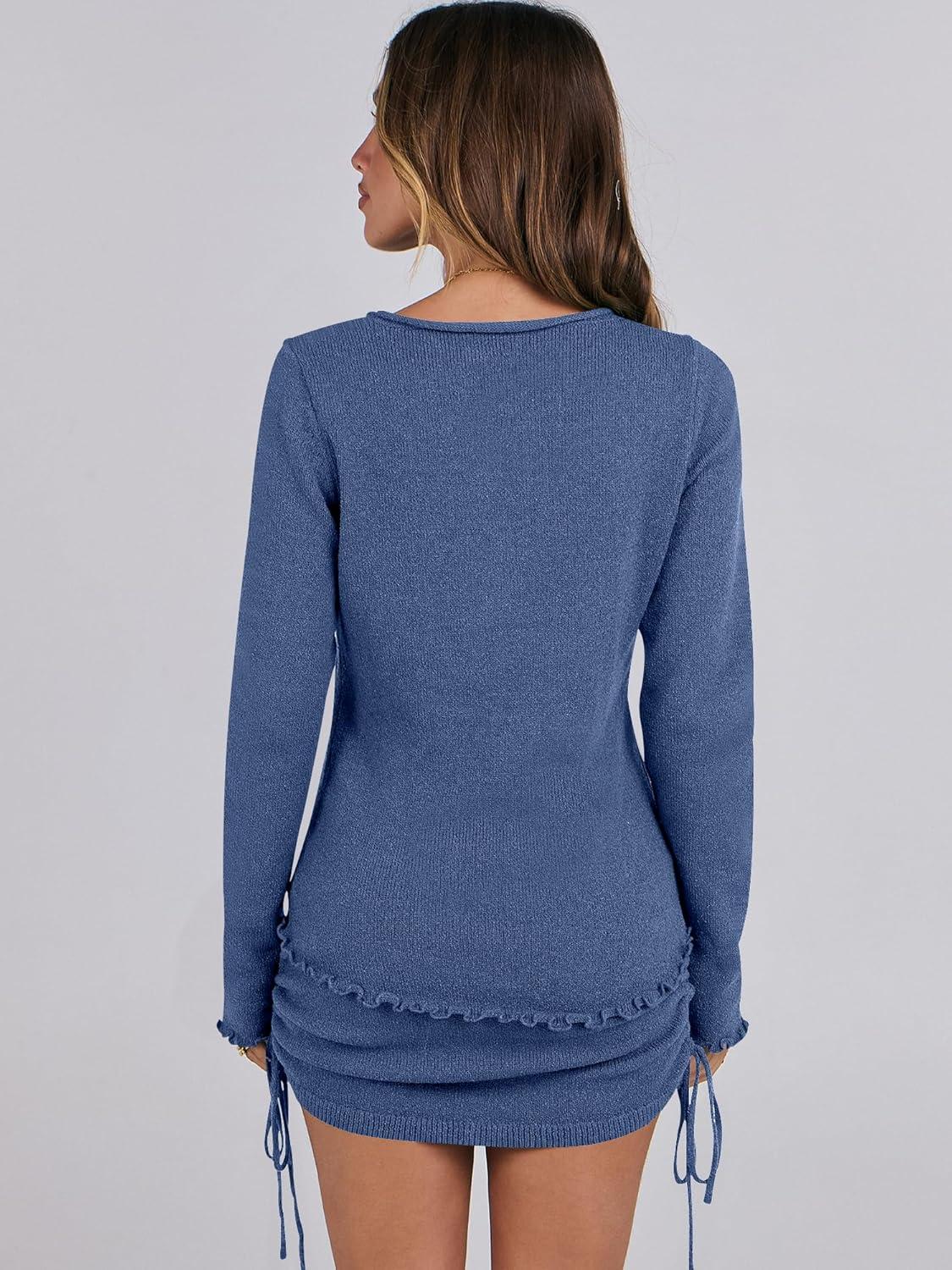imageANRABESS Women 2 Piece Outfits Long Sleeve Sweater Top Mini Skirt Sets 2025 Fall Spring Lounge Travel Beach Clothing SetsDeep Blue