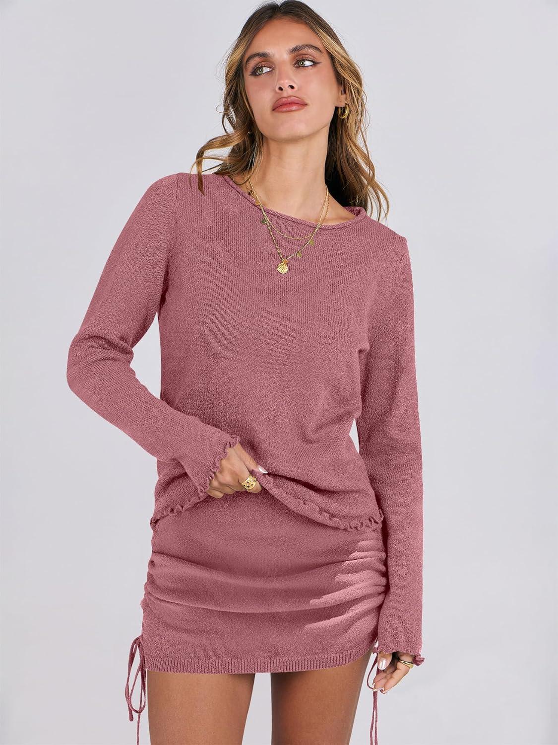 imageANRABESS Women 2 Piece Outfits Long Sleeve Sweater Top Mini Skirt Sets 2025 Fall Spring Lounge Travel Beach Clothing SetsDeep Pink