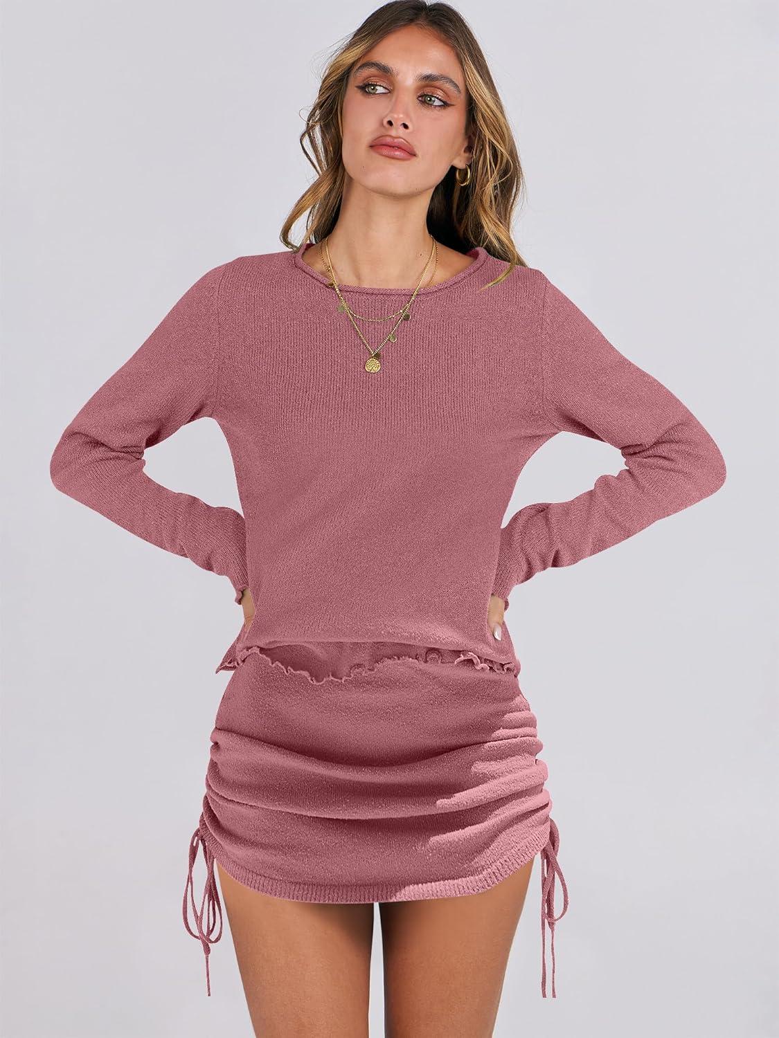 imageANRABESS Women 2 Piece Outfits Long Sleeve Sweater Top Mini Skirt Sets 2025 Fall Spring Lounge Travel Beach Clothing SetsDeep Pink