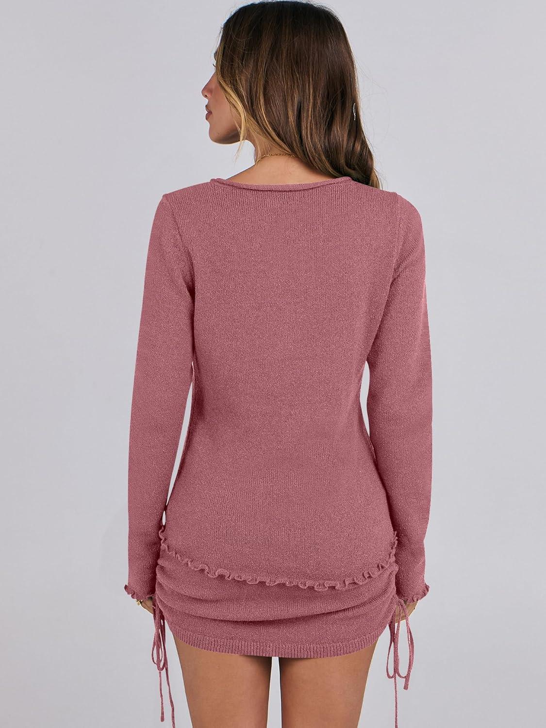 imageANRABESS Women 2 Piece Outfits Long Sleeve Sweater Top Mini Skirt Sets 2025 Fall Spring Lounge Travel Beach Clothing SetsDeep Pink