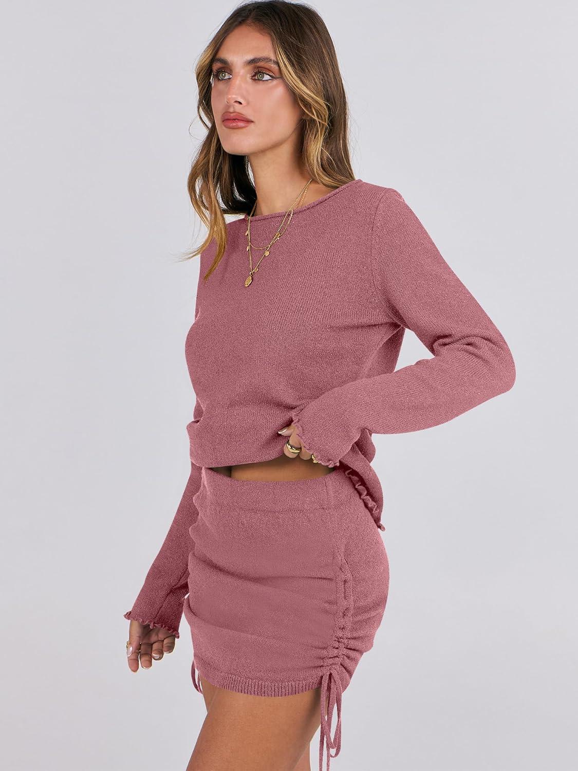 imageANRABESS Women 2 Piece Outfits Long Sleeve Sweater Top Mini Skirt Sets 2025 Fall Spring Lounge Travel Beach Clothing SetsDeep Pink