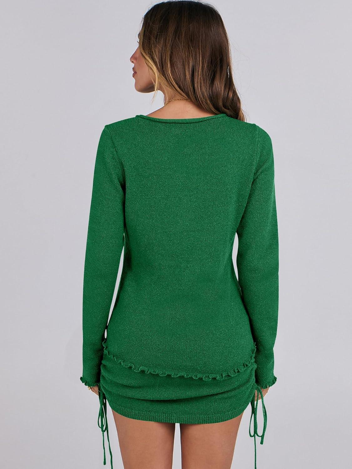 imageANRABESS Women 2 Piece Outfits Long Sleeve Sweater Top Mini Skirt Sets 2025 Fall Spring Lounge Travel Beach Clothing SetsGreen