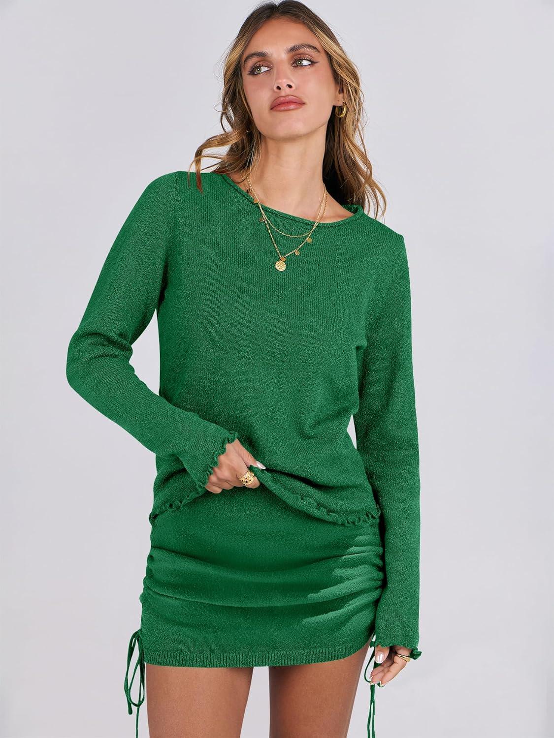 imageANRABESS Women 2 Piece Outfits Long Sleeve Sweater Top Mini Skirt Sets 2025 Fall Spring Lounge Travel Beach Clothing SetsGreen