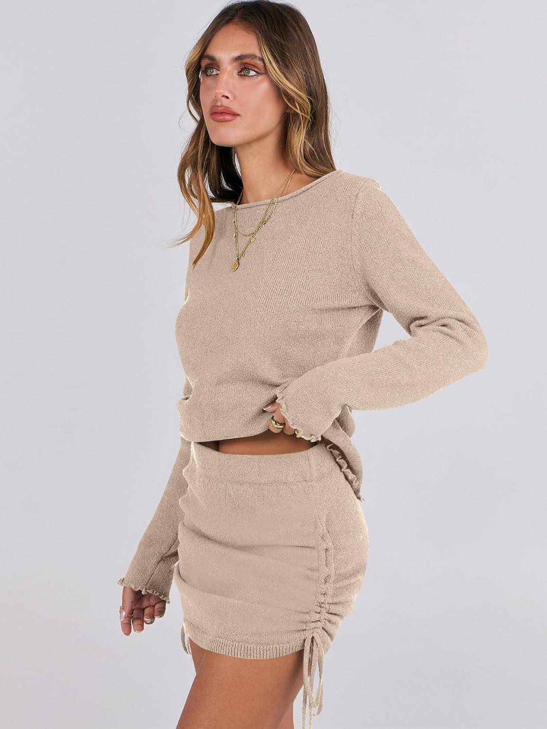 imageANRABESS Women 2 Piece Outfits Long Sleeve Sweater Top Mini Skirt Sets 2025 Fall Spring Lounge Travel Beach Clothing SetsKhaki