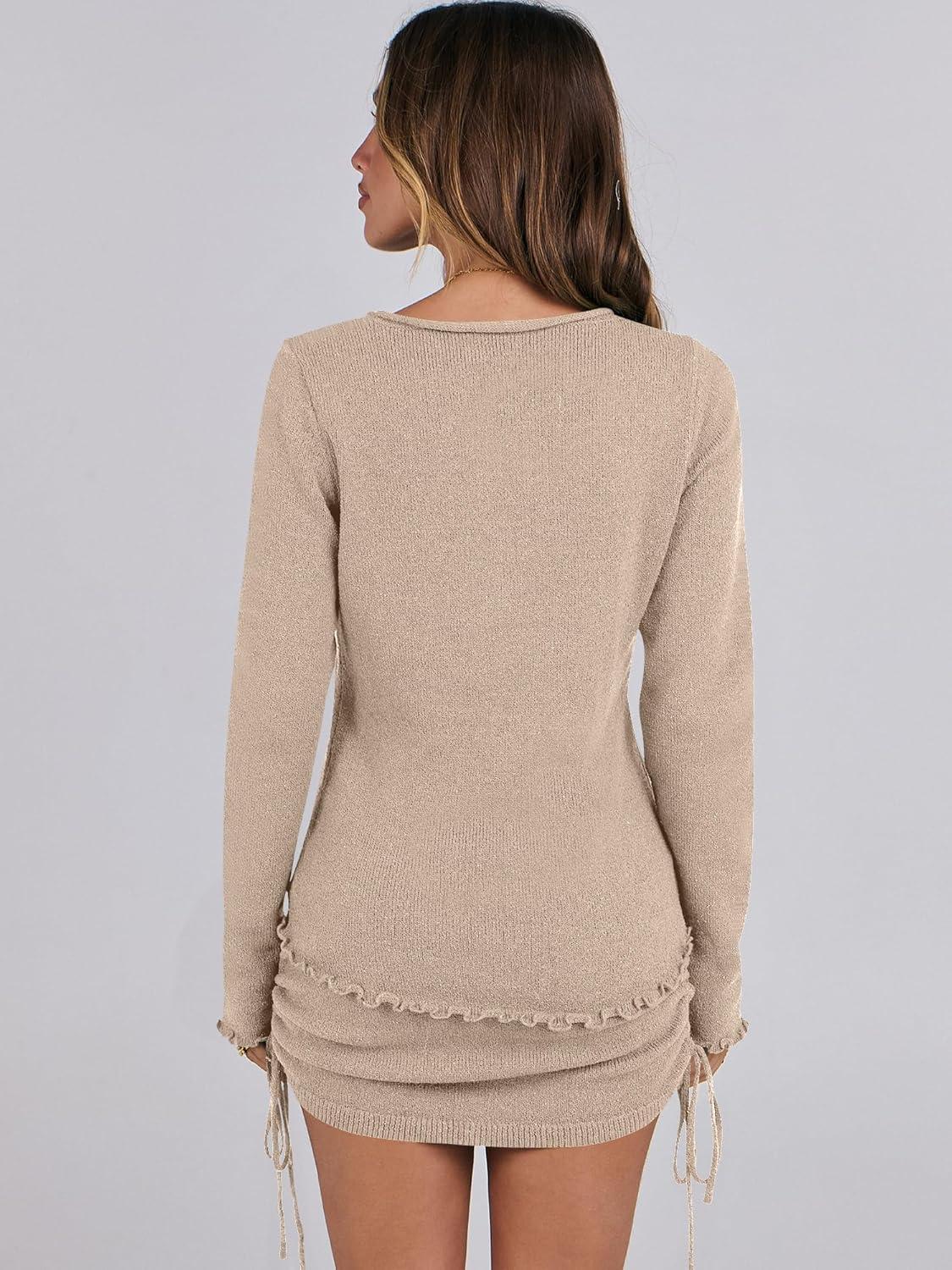 imageANRABESS Women 2 Piece Outfits Long Sleeve Sweater Top Mini Skirt Sets 2025 Fall Spring Lounge Travel Beach Clothing SetsKhaki