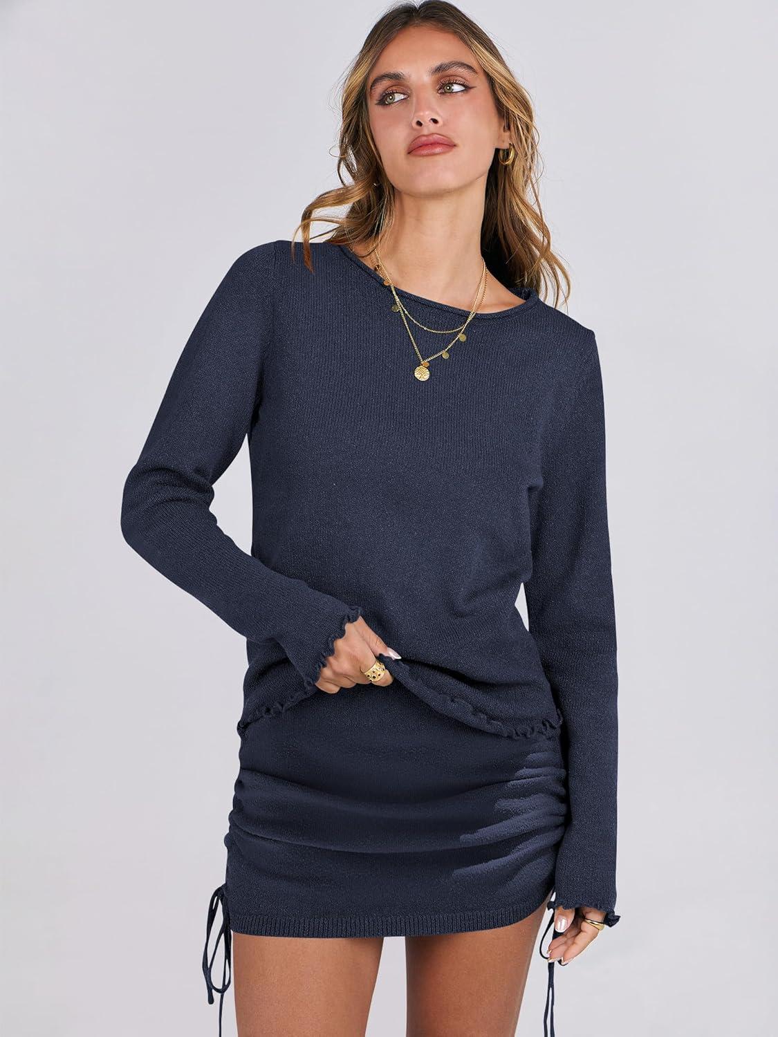imageANRABESS Women 2 Piece Outfits Long Sleeve Sweater Top Mini Skirt Sets 2025 Fall Spring Lounge Travel Beach Clothing SetsNavy Blue