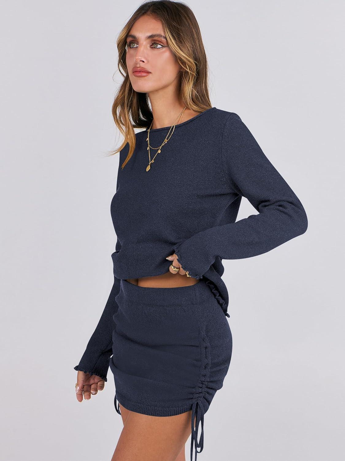 imageANRABESS Women 2 Piece Outfits Long Sleeve Sweater Top Mini Skirt Sets 2025 Fall Spring Lounge Travel Beach Clothing SetsNavy Blue