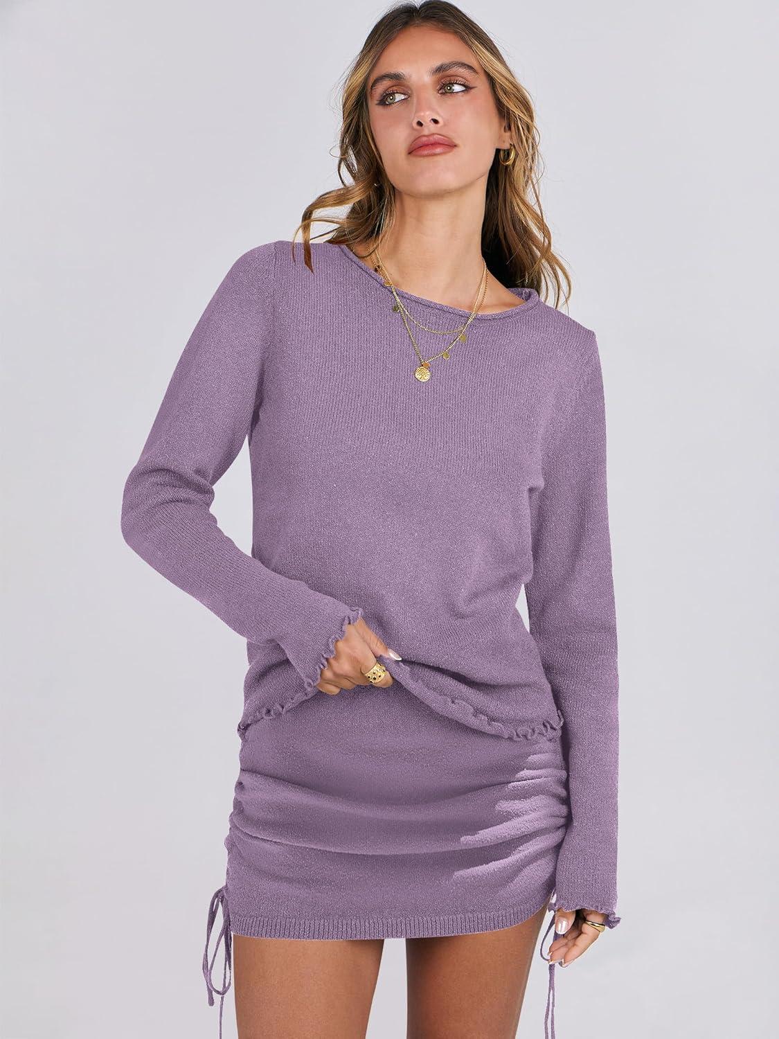 imageANRABESS Women 2 Piece Outfits Long Sleeve Sweater Top Mini Skirt Sets 2025 Fall Spring Lounge Travel Beach Clothing SetsPurple