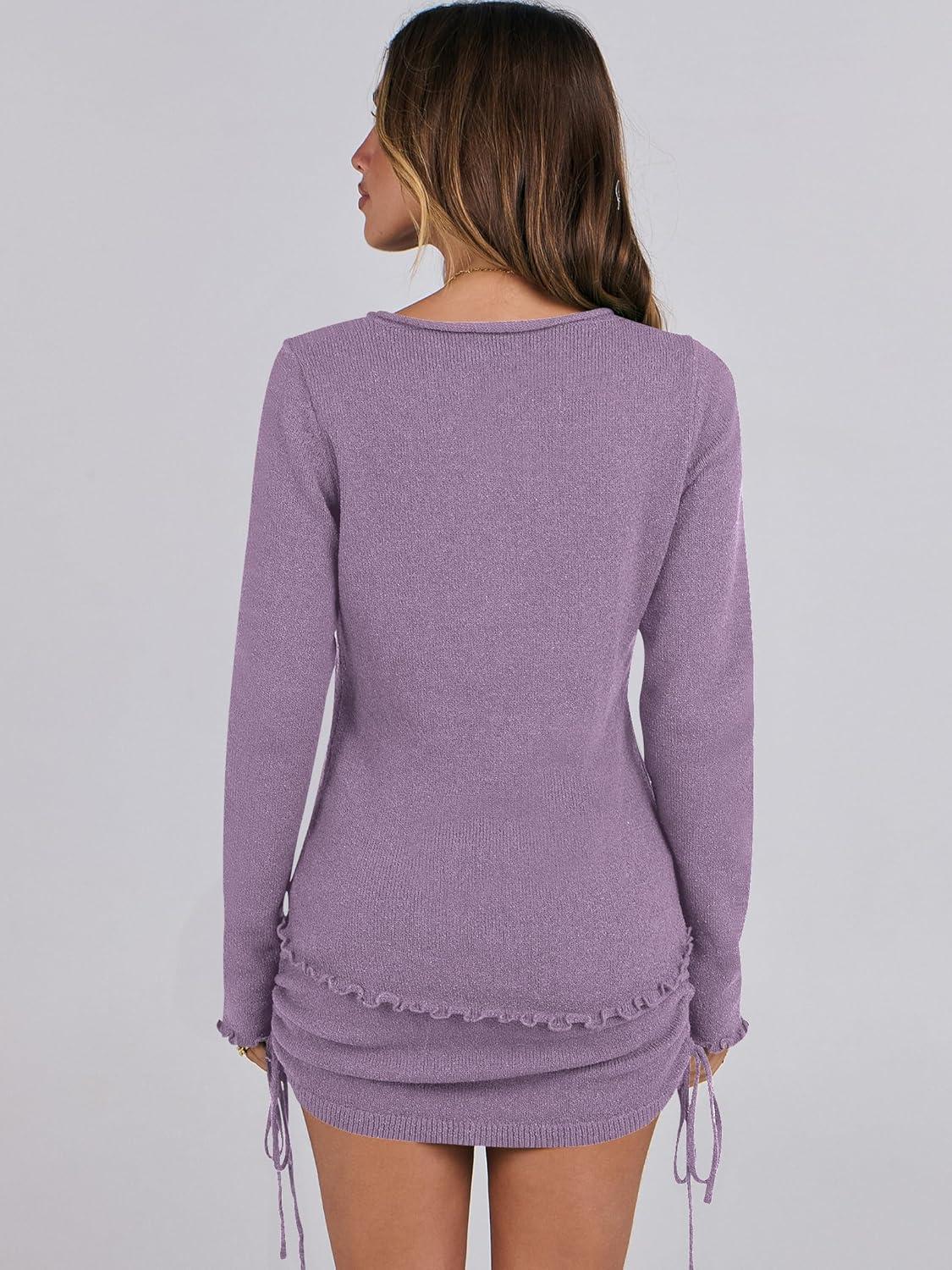 imageANRABESS Women 2 Piece Outfits Long Sleeve Sweater Top Mini Skirt Sets 2025 Fall Spring Lounge Travel Beach Clothing SetsPurple