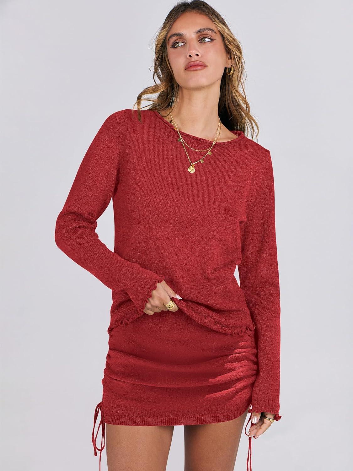 imageANRABESS Women 2 Piece Outfits Long Sleeve Sweater Top Mini Skirt Sets 2025 Fall Spring Lounge Travel Beach Clothing SetsRed