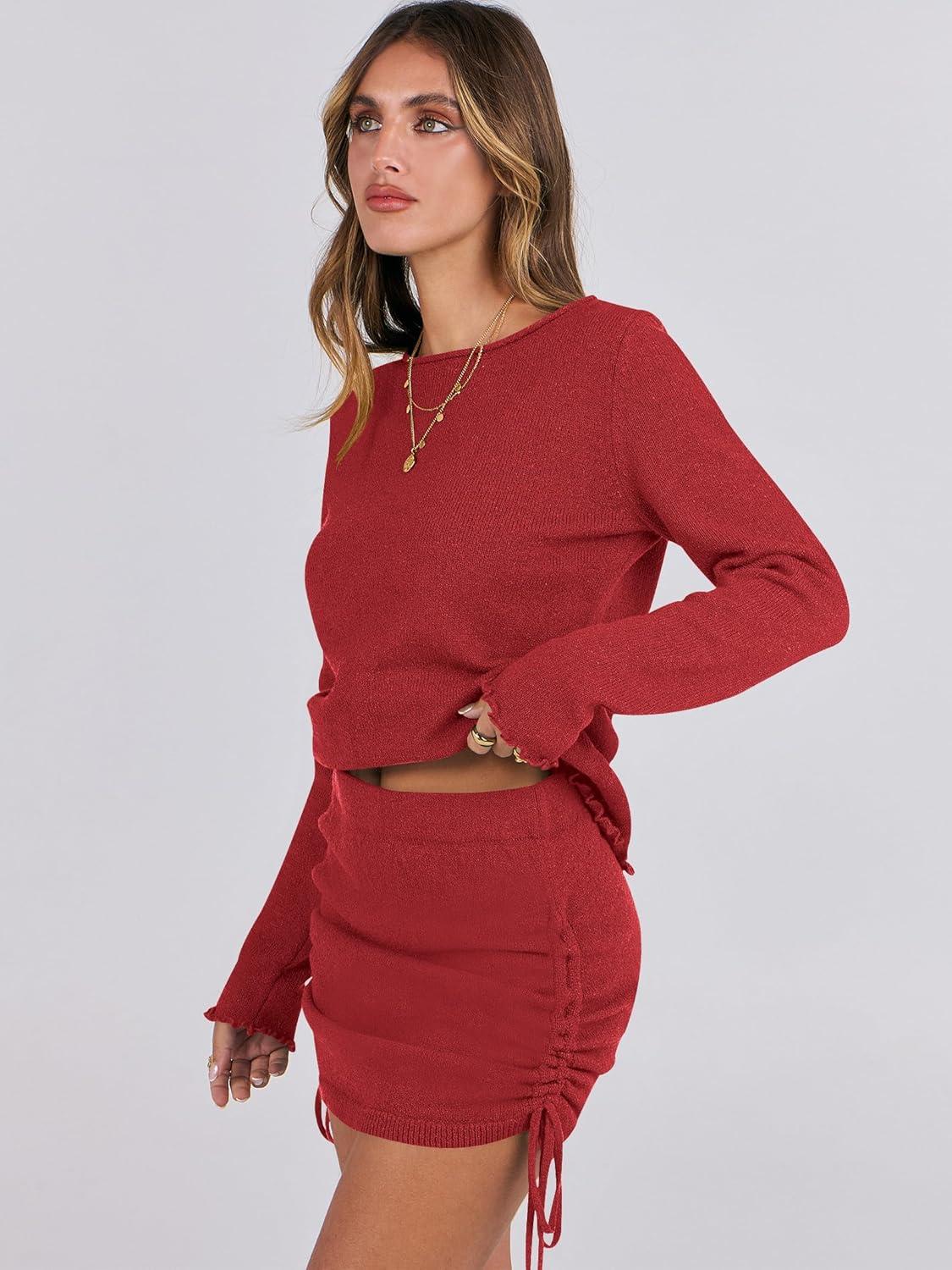 imageANRABESS Women 2 Piece Outfits Long Sleeve Sweater Top Mini Skirt Sets 2025 Fall Spring Lounge Travel Beach Clothing SetsRed