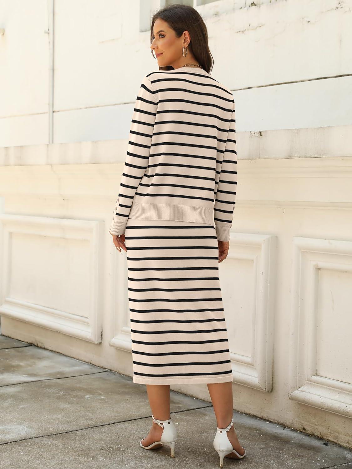 imageANRABESS Women 2 Piece Outfits Striped Sweater Skirt Sets 2025 Fall Casual Long Sleeve Pullover Top Lounge Travel Midi DressBeige Black