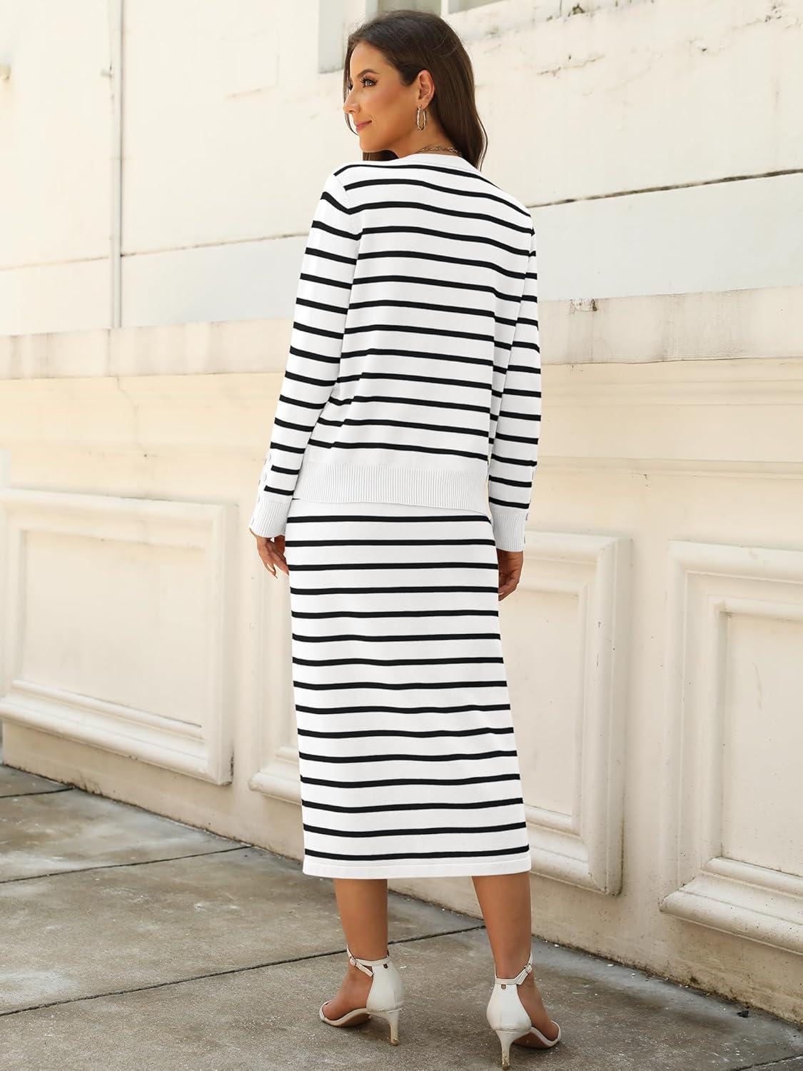 imageANRABESS Women 2 Piece Outfits Striped Sweater Skirt Sets 2025 Fall Casual Long Sleeve Pullover Top Lounge Travel Midi DressBlack White