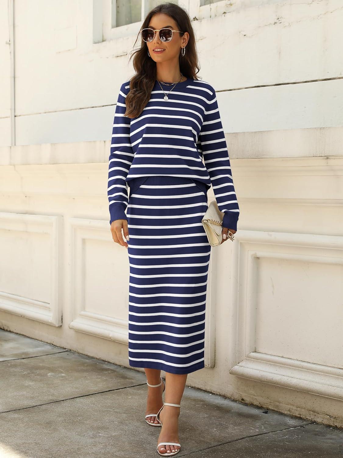 imageANRABESS Women 2 Piece Outfits Striped Sweater Skirt Sets 2025 Fall Casual Long Sleeve Pullover Top Lounge Travel Midi DressBlue White