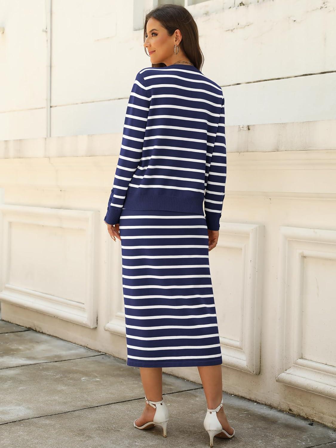 imageANRABESS Women 2 Piece Outfits Striped Sweater Skirt Sets 2025 Fall Casual Long Sleeve Pullover Top Lounge Travel Midi DressBlue White