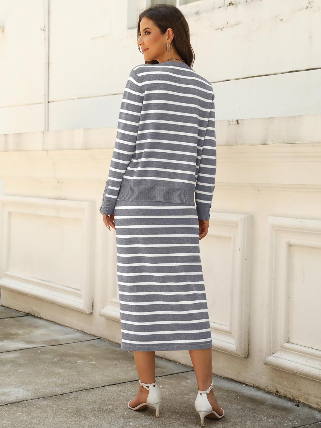 imageANRABESS Women 2 Piece Outfits Striped Sweater Skirt Sets 2025 Fall Casual Long Sleeve Pullover Top Lounge Travel Midi DressGrey White