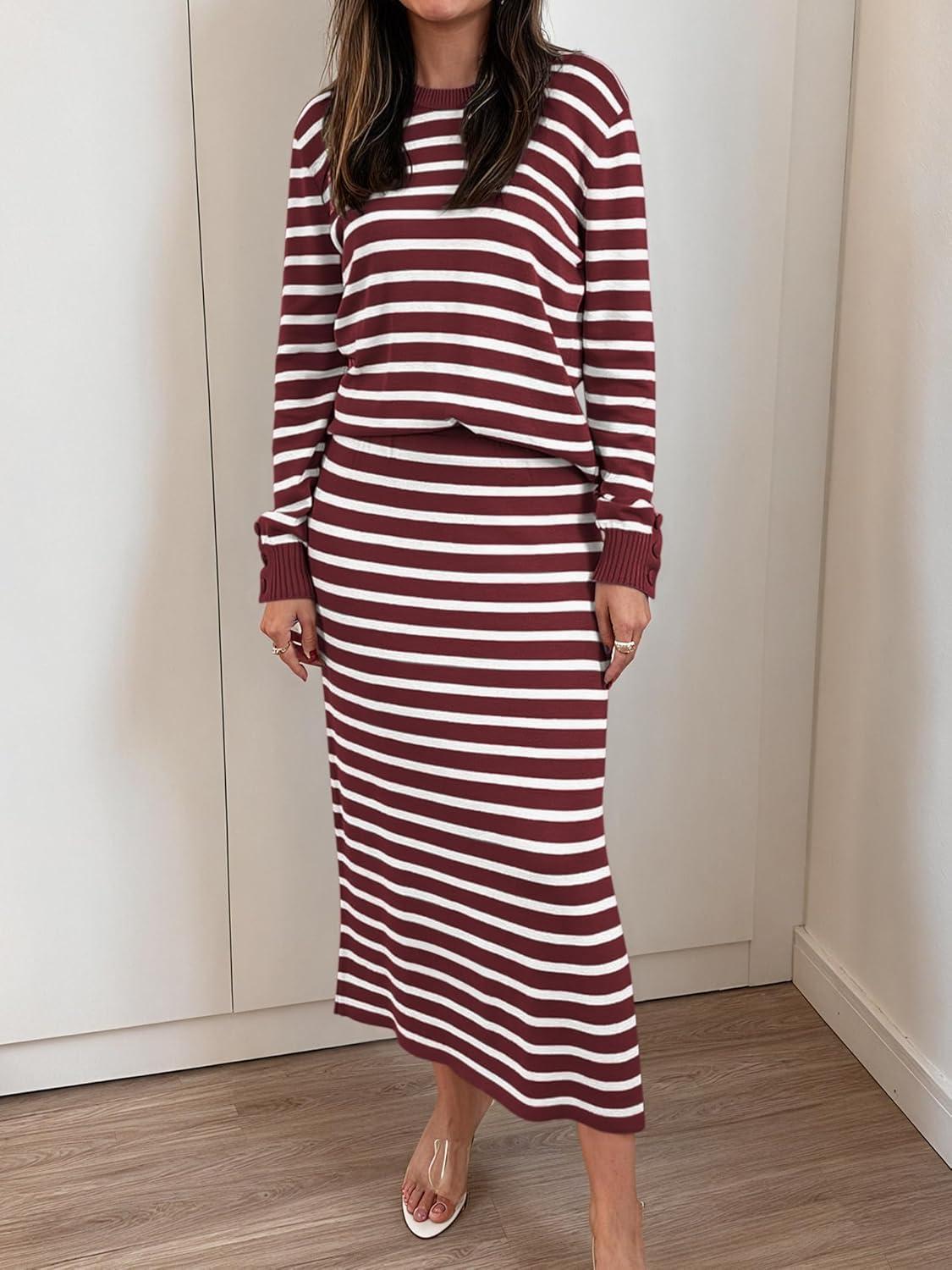 imageANRABESS Women 2 Piece Outfits Striped Sweater Skirt Sets 2025 Fall Casual Long Sleeve Pullover Top Lounge Travel Midi DressRed White