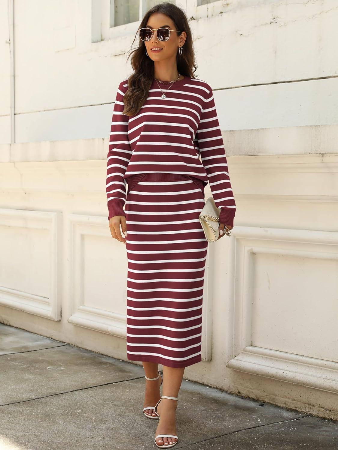 imageANRABESS Women 2 Piece Outfits Striped Sweater Skirt Sets 2025 Fall Casual Long Sleeve Pullover Top Lounge Travel Midi DressRed White