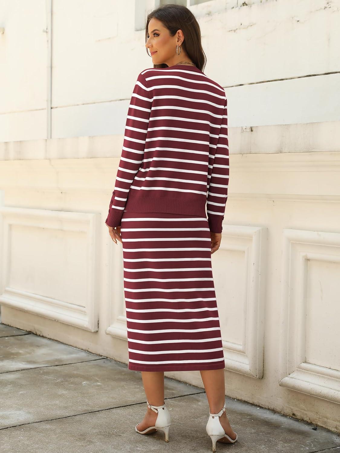 imageANRABESS Women 2 Piece Outfits Striped Sweater Skirt Sets 2025 Fall Casual Long Sleeve Pullover Top Lounge Travel Midi DressRed White