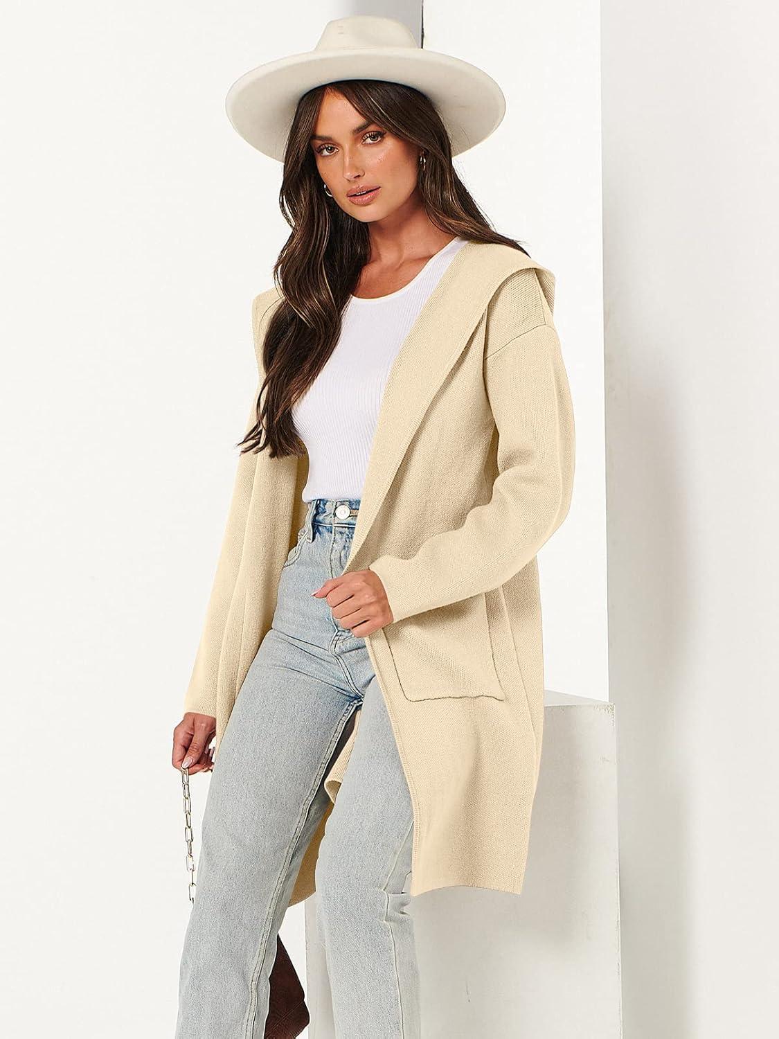 imageANRABESS Women Cardigan Open Front Oversized Casual Knit Hoodie Sweater Coatigan Lady Coat 2025 Fall Trendy OuterwearKhaki Beige