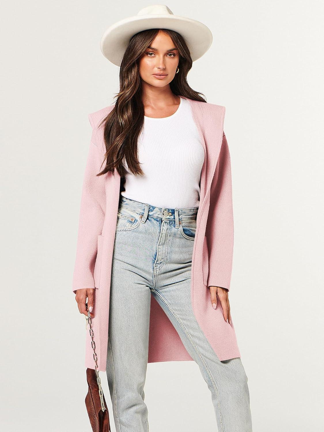 imageANRABESS Women Cardigan Open Front Oversized Casual Knit Hoodie Sweater Coatigan Lady Coat 2025 Fall Trendy OuterwearPink