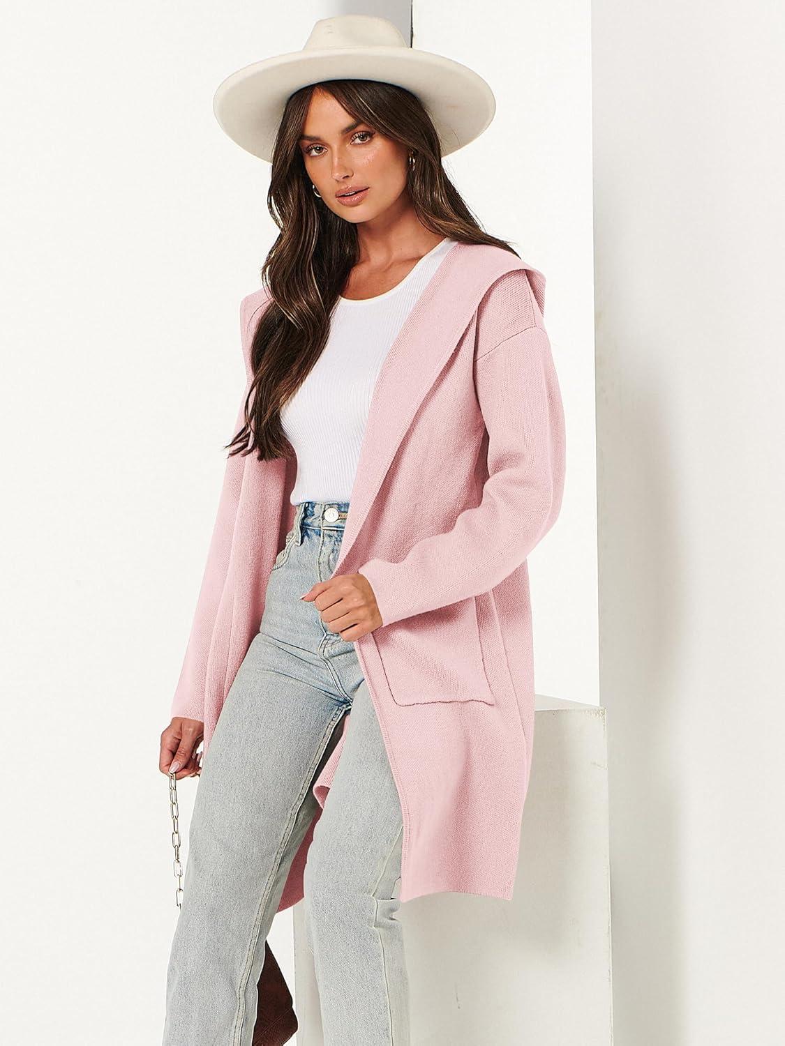 imageANRABESS Women Cardigan Open Front Oversized Casual Knit Hoodie Sweater Coatigan Lady Coat 2025 Fall Trendy OuterwearPink
