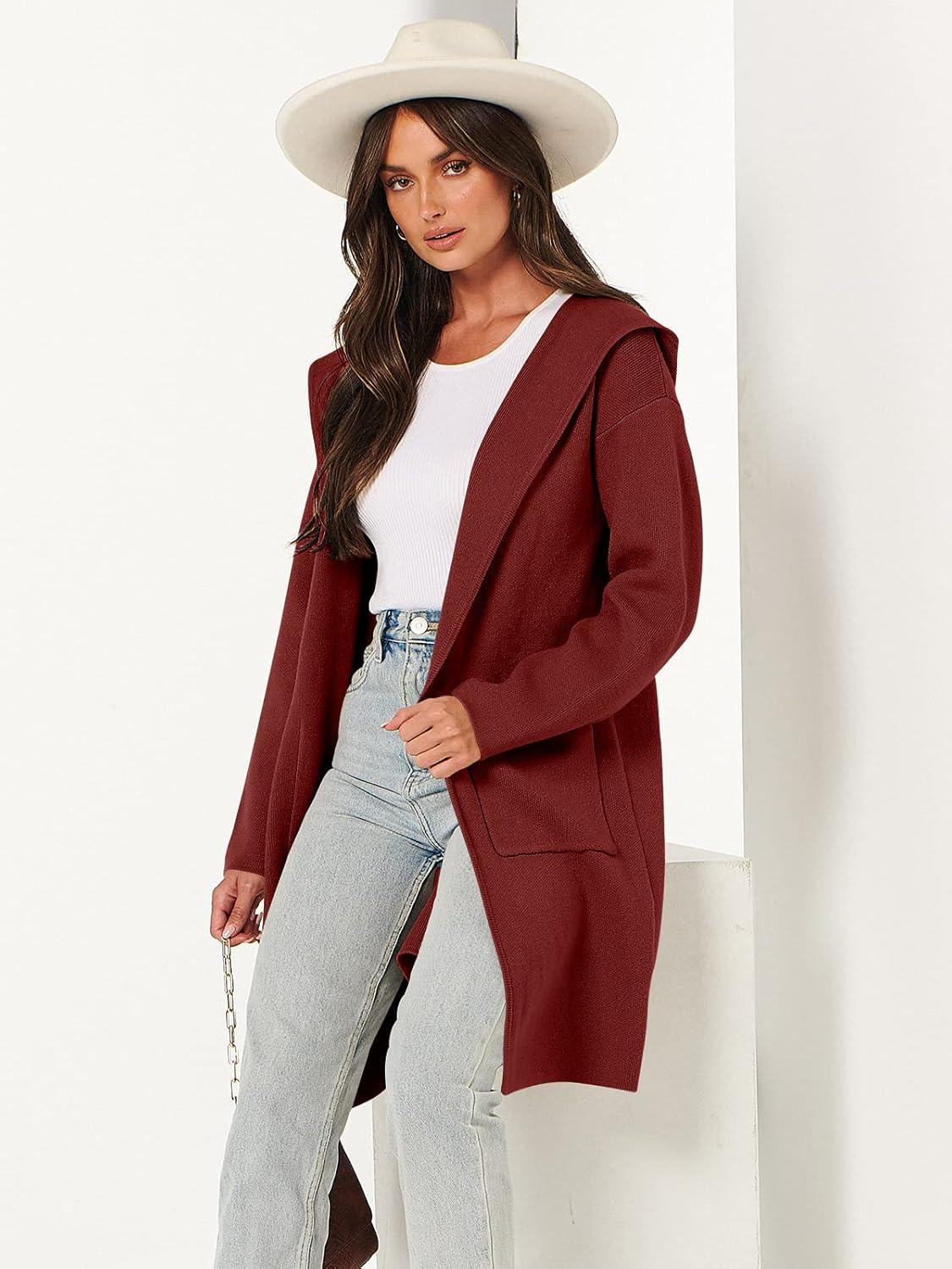 imageANRABESS Women Cardigan Open Front Oversized Casual Knit Hoodie Sweater Coatigan Lady Coat 2025 Fall Trendy OuterwearRed