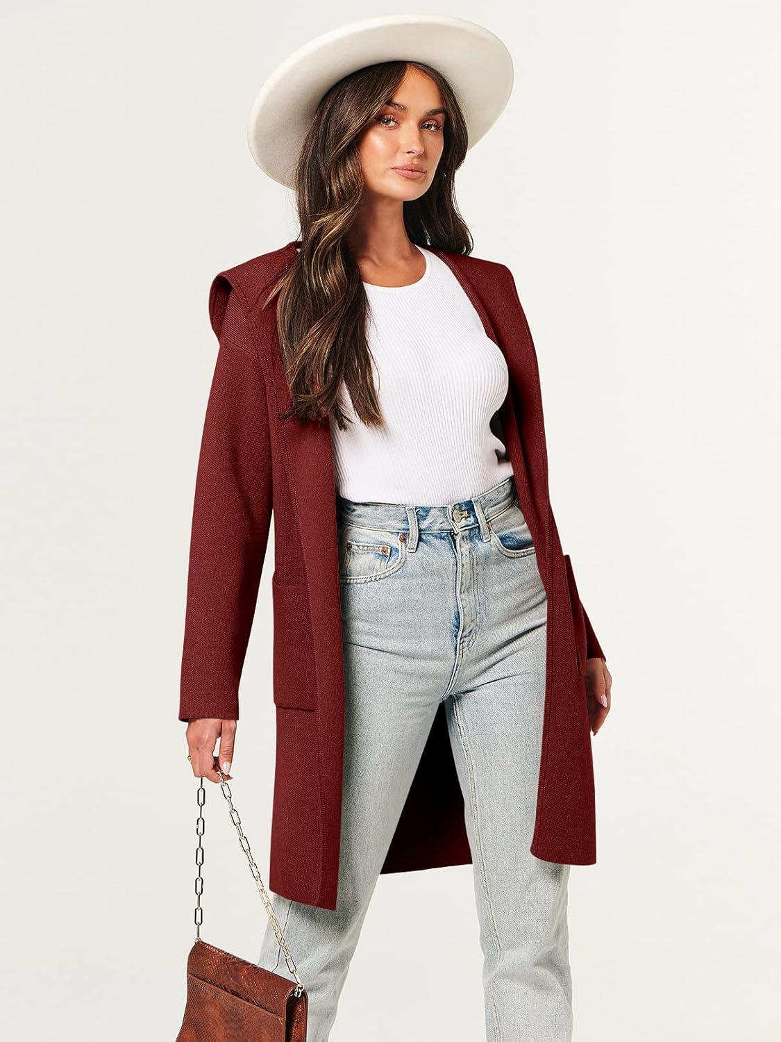 imageANRABESS Women Cardigan Open Front Oversized Casual Knit Hoodie Sweater Coatigan Lady Coat 2025 Fall Trendy OuterwearRed