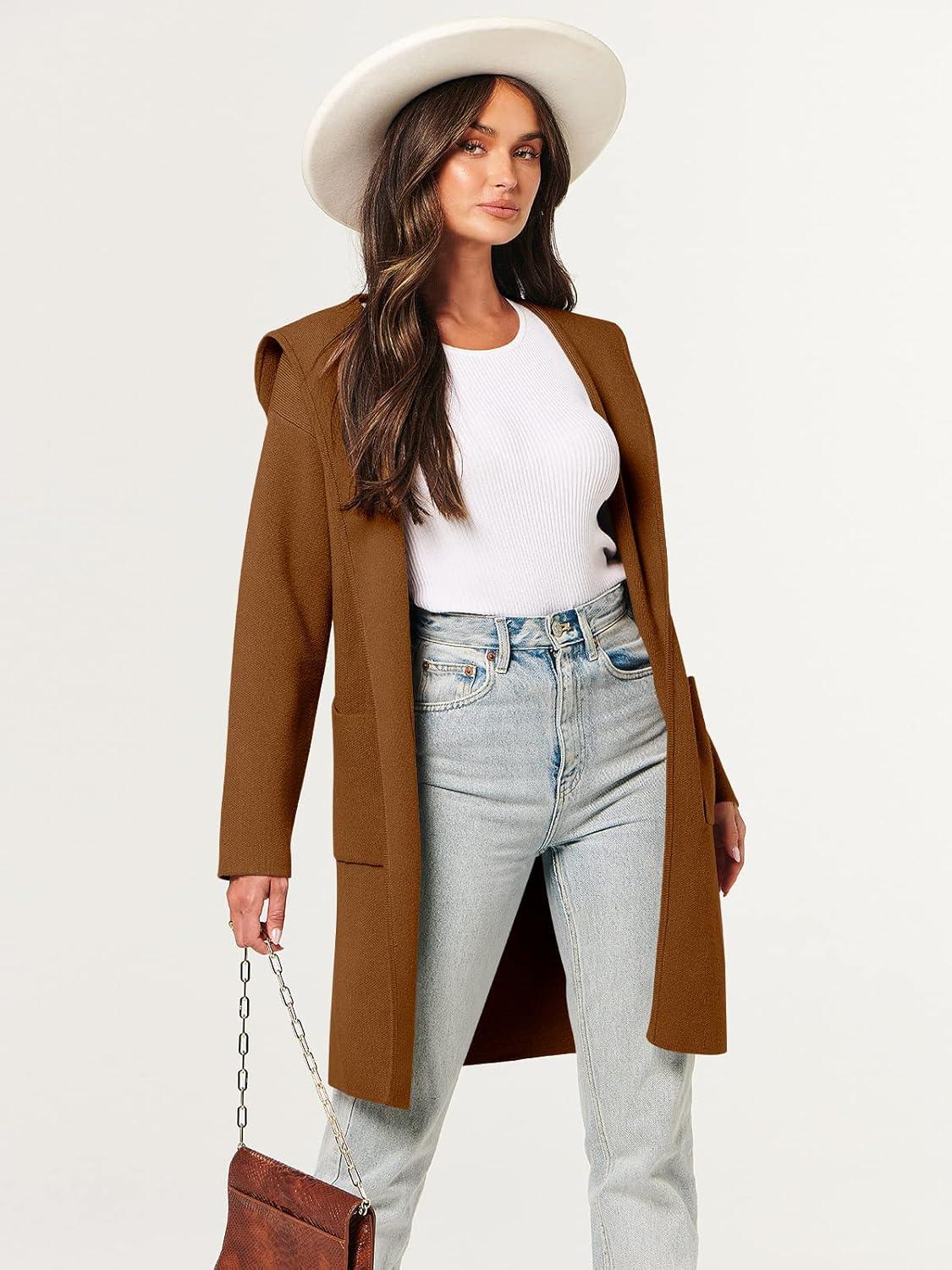 imageANRABESS Women Cardigan Open Front Oversized Casual Knit Hoodie Sweater Coatigan Lady Coat 2025 Fall Trendy OuterwearRed Brown