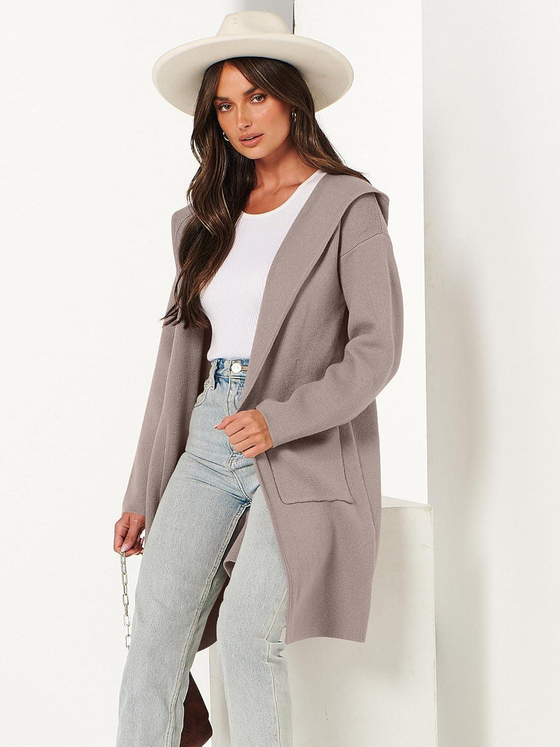 imageANRABESS Women Cardigan Open Front Oversized Casual Knit Hoodie Sweater Coatigan Lady Coat 2025 Fall Trendy OuterwearRed Khaki