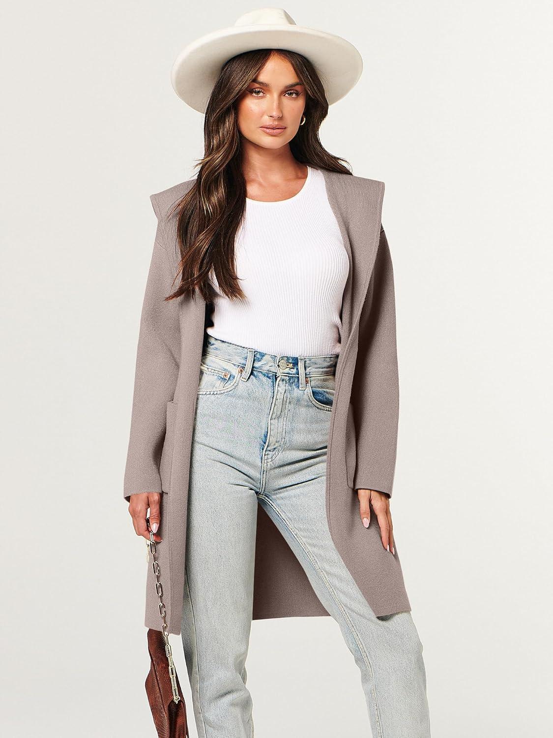 imageANRABESS Women Cardigan Open Front Oversized Casual Knit Hoodie Sweater Coatigan Lady Coat 2025 Fall Trendy OuterwearRed Khaki