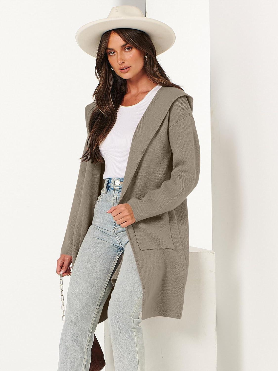 imageANRABESS Women Cardigan Open Front Oversized Casual Knit Hoodie Sweater Coatigan Lady Coat 2025 Fall Trendy OuterwearTaupe