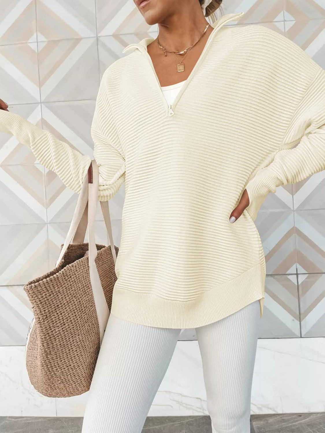 imageANRABESS Womens 2025 Fall Long Sleeve Half Zip Casual Oversized Ribbed Knit Pullover Sweater Top Thumb Hole Trendy OutfitsAlmond