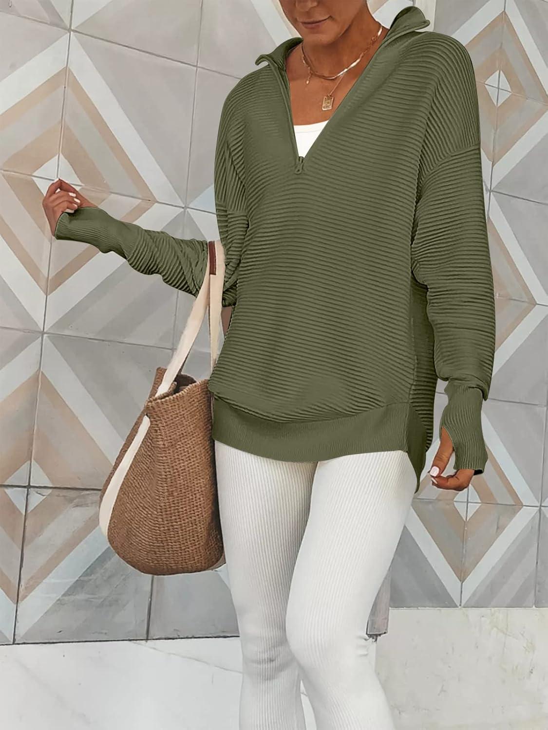 imageANRABESS Womens 2025 Fall Long Sleeve Half Zip Casual Oversized Ribbed Knit Pullover Sweater Top Thumb Hole Trendy OutfitsArmy Green