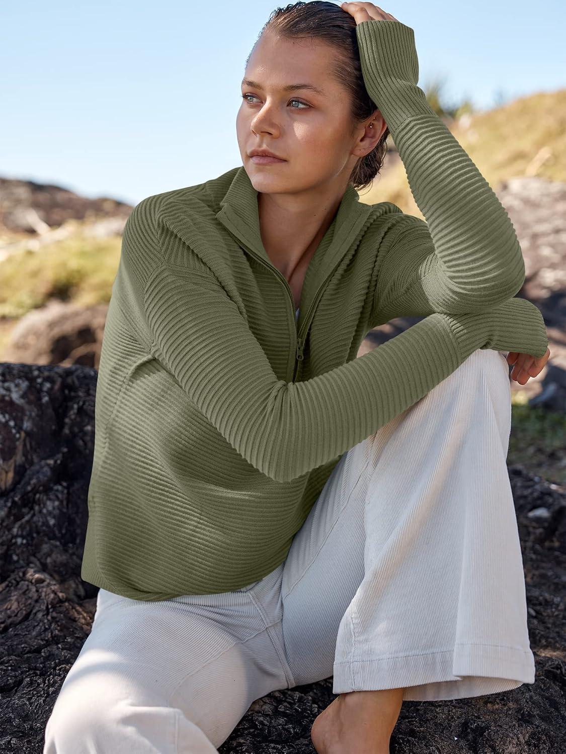 imageANRABESS Womens 2025 Fall Long Sleeve Half Zip Casual Oversized Ribbed Knit Pullover Sweater Top Thumb Hole Trendy OutfitsArmy Green