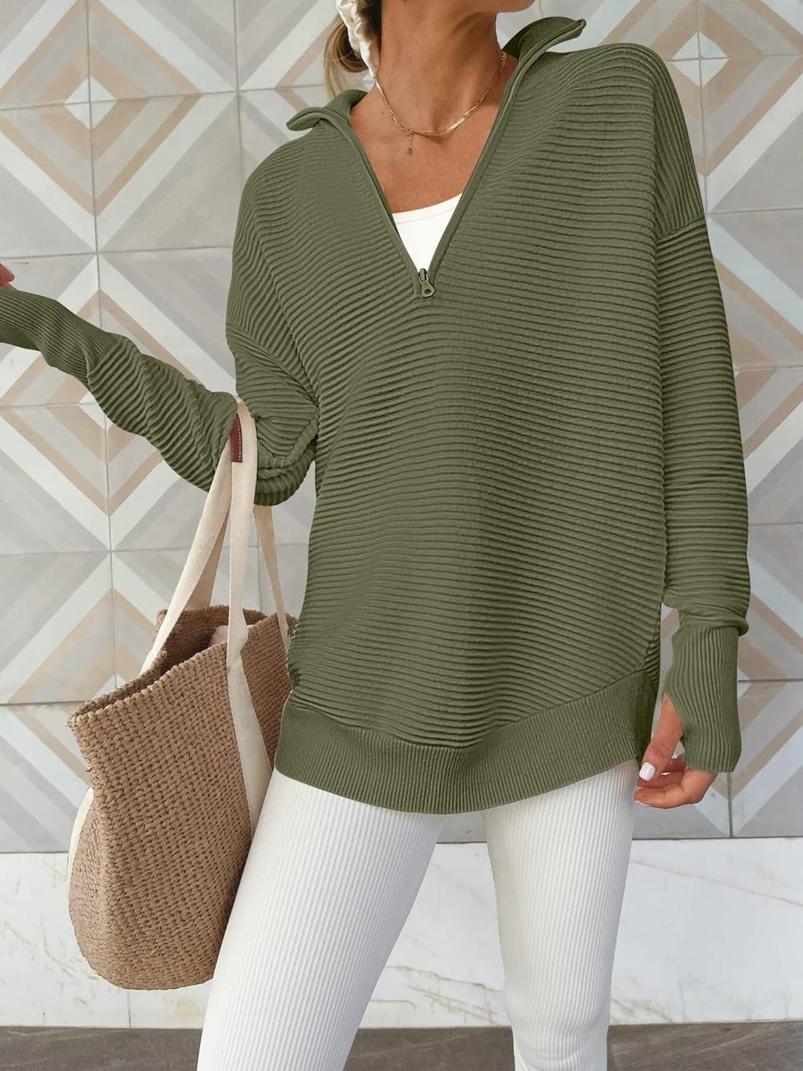 imageANRABESS Womens 2025 Fall Long Sleeve Half Zip Casual Oversized Ribbed Knit Pullover Sweater Top Thumb Hole Trendy OutfitsArmy Green