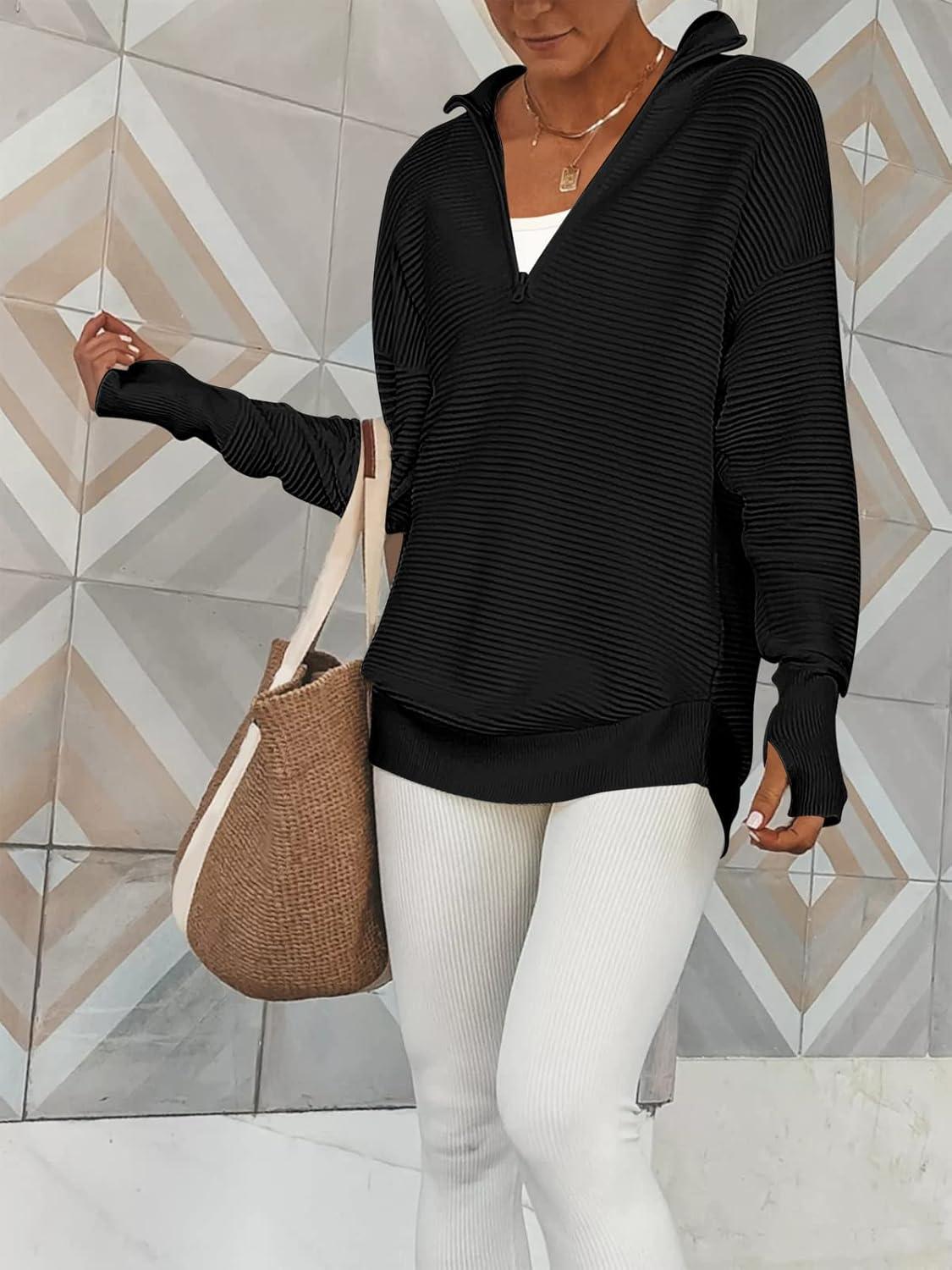 imageANRABESS Womens 2025 Fall Long Sleeve Half Zip Casual Oversized Ribbed Knit Pullover Sweater Top Thumb Hole Trendy OutfitsBlack