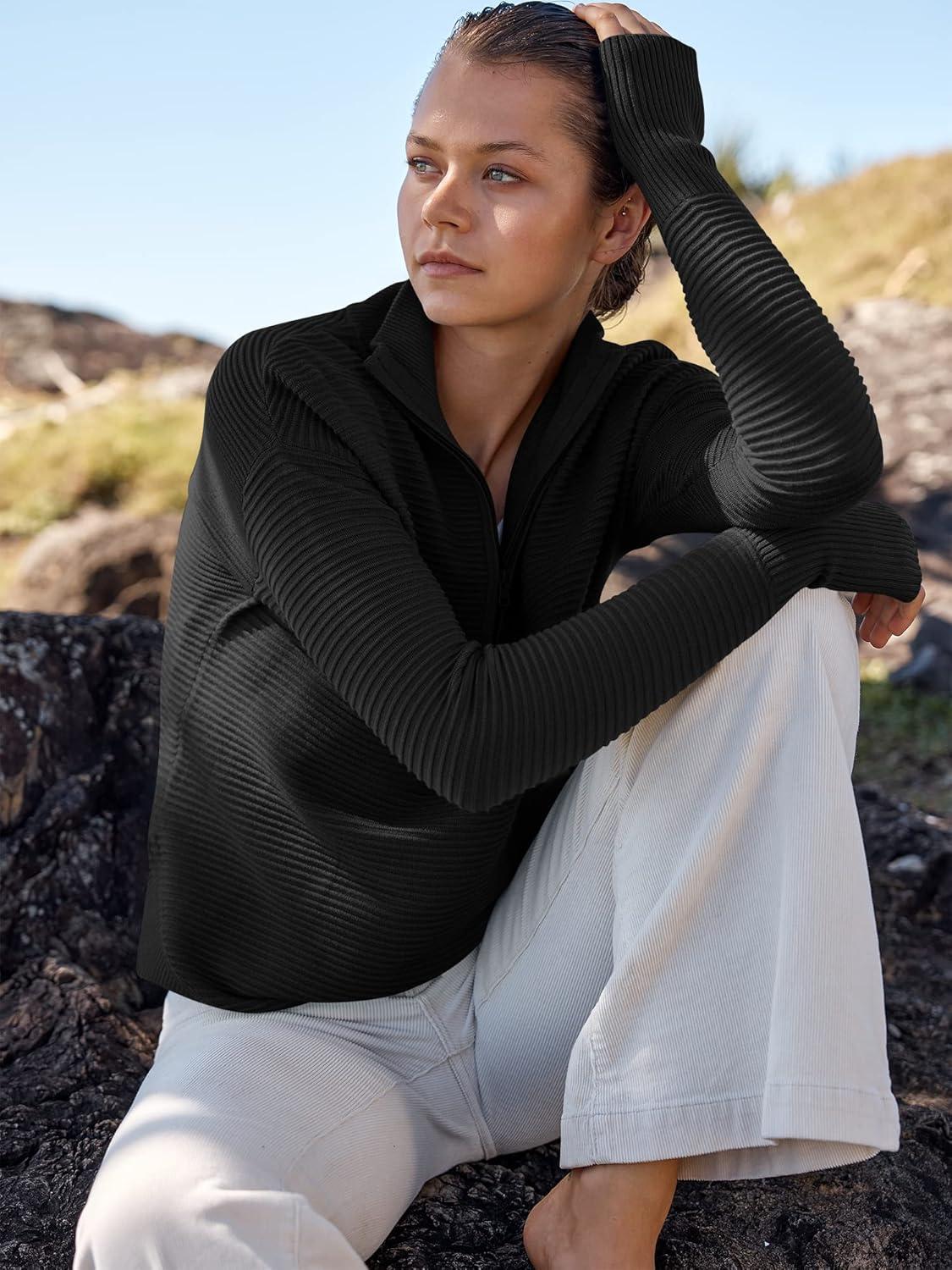 imageANRABESS Womens 2025 Fall Long Sleeve Half Zip Casual Oversized Ribbed Knit Pullover Sweater Top Thumb Hole Trendy OutfitsBlack