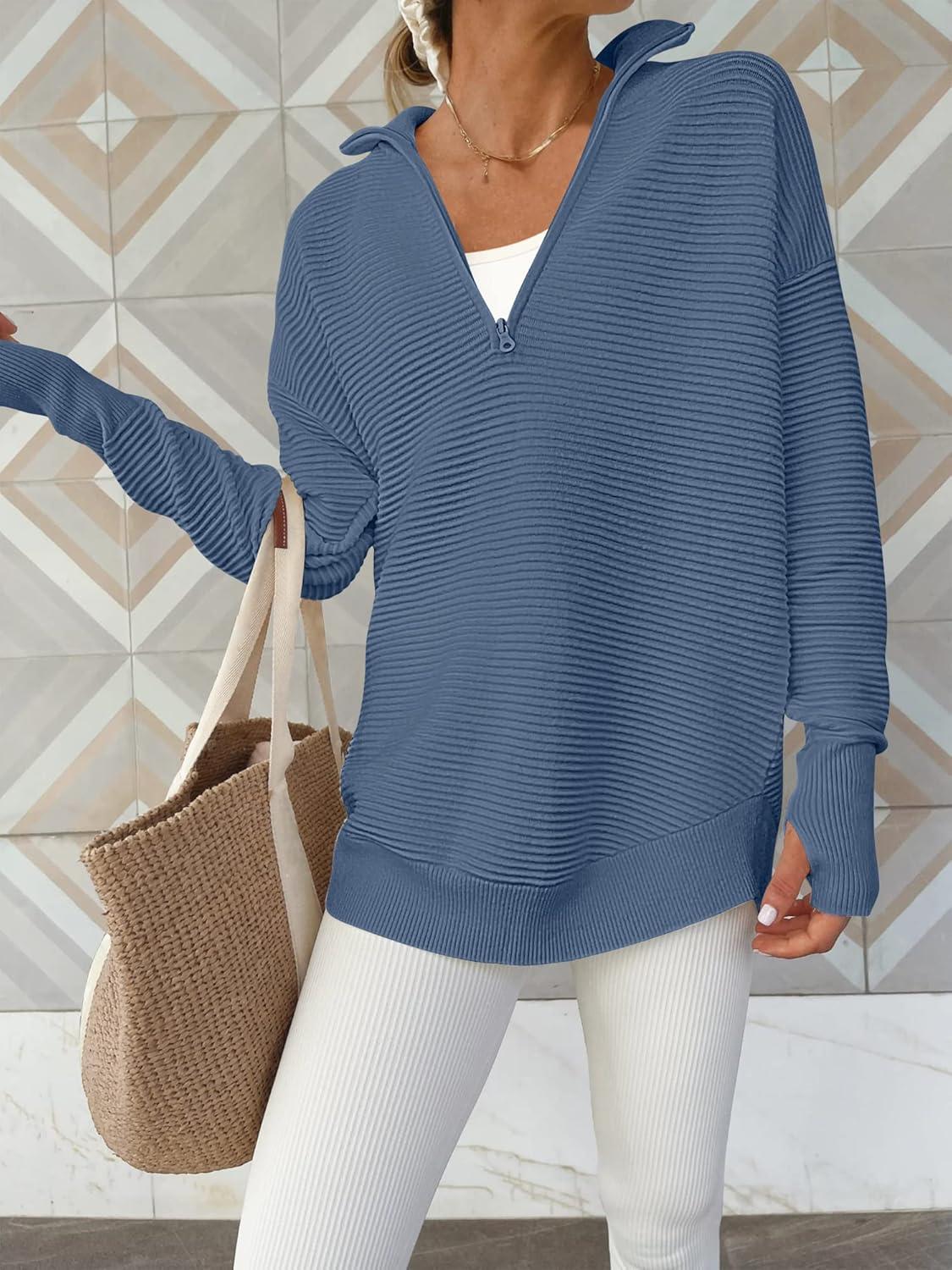 imageANRABESS Womens 2025 Fall Long Sleeve Half Zip Casual Oversized Ribbed Knit Pullover Sweater Top Thumb Hole Trendy OutfitsBlue