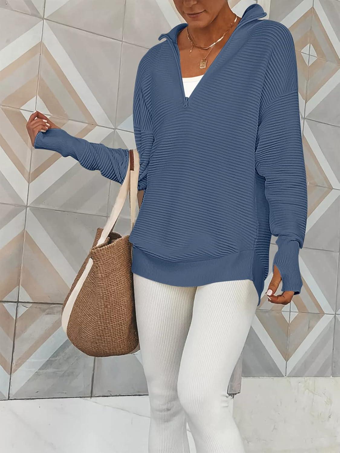 imageANRABESS Womens 2025 Fall Long Sleeve Half Zip Casual Oversized Ribbed Knit Pullover Sweater Top Thumb Hole Trendy OutfitsBlue