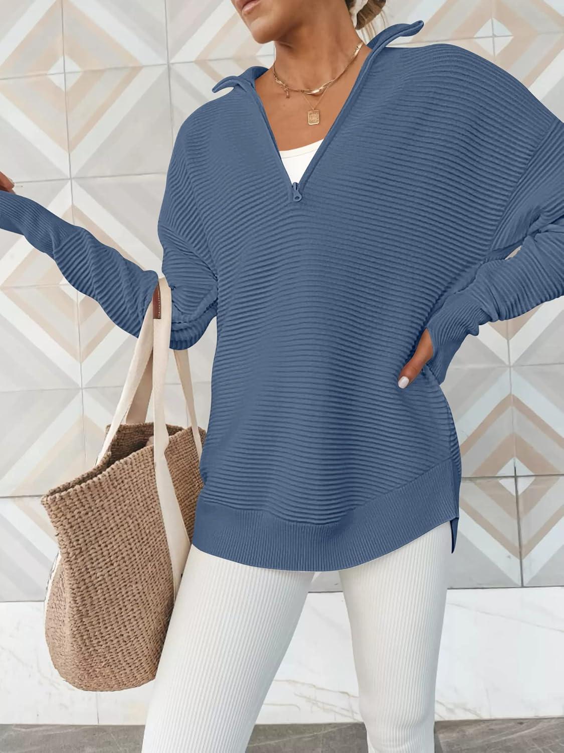 imageANRABESS Womens 2025 Fall Long Sleeve Half Zip Casual Oversized Ribbed Knit Pullover Sweater Top Thumb Hole Trendy OutfitsBlue