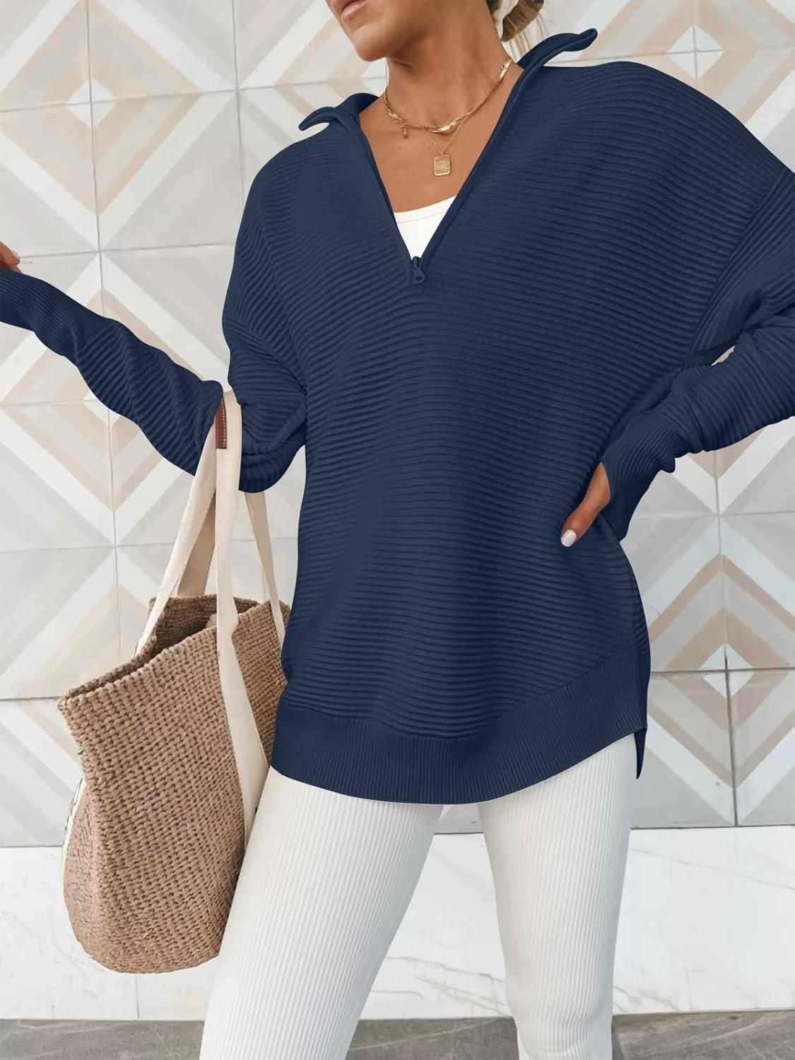 imageANRABESS Womens 2025 Fall Long Sleeve Half Zip Casual Oversized Ribbed Knit Pullover Sweater Top Thumb Hole Trendy OutfitsDark Blue