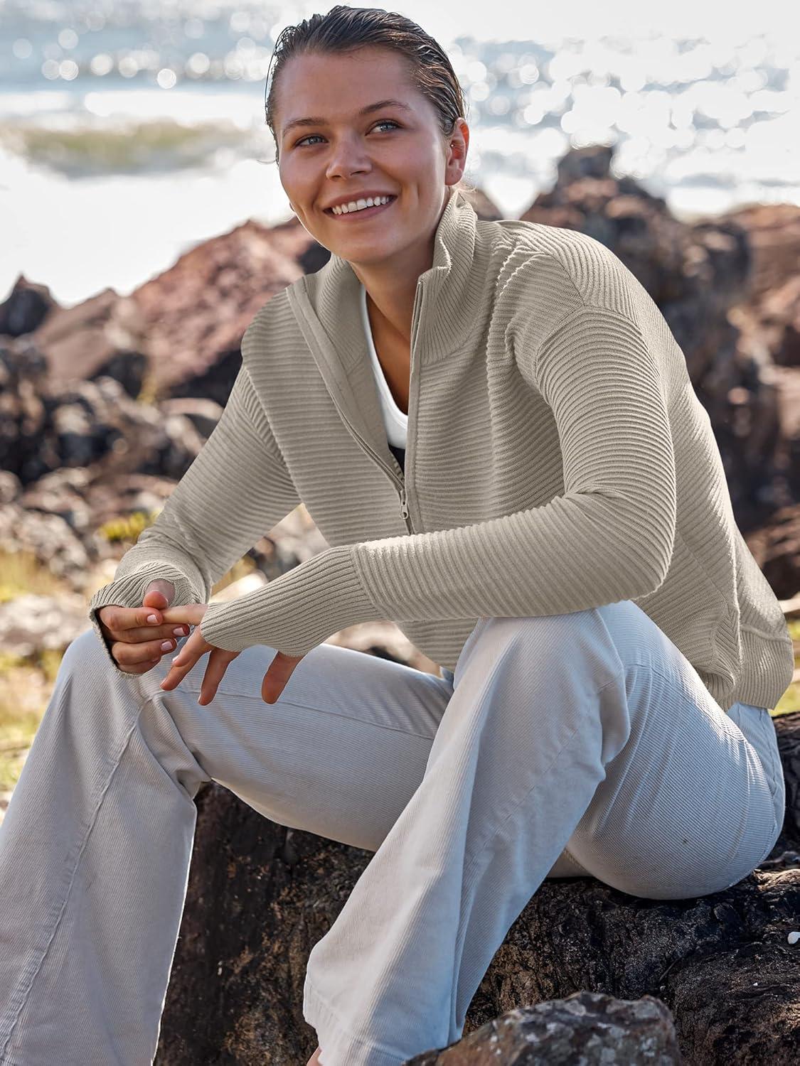imageANRABESS Womens 2025 Fall Long Sleeve Half Zip Casual Oversized Ribbed Knit Pullover Sweater Top Thumb Hole Trendy OutfitsGray Apricot