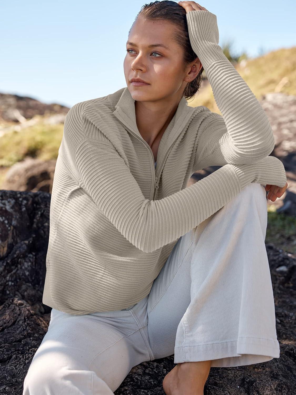 imageANRABESS Womens 2025 Fall Long Sleeve Half Zip Casual Oversized Ribbed Knit Pullover Sweater Top Thumb Hole Trendy OutfitsGray Apricot