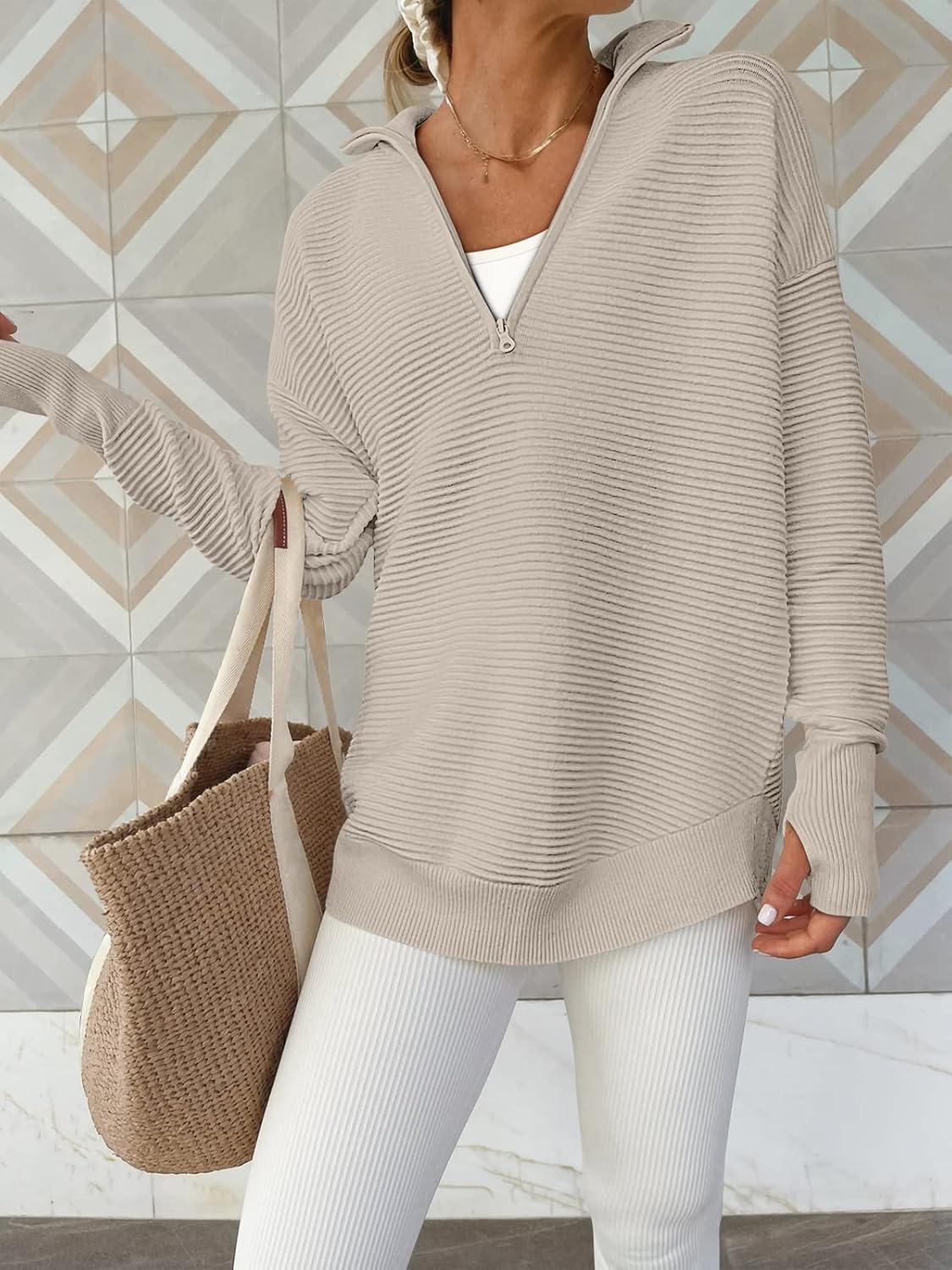 imageANRABESS Womens 2025 Fall Long Sleeve Half Zip Casual Oversized Ribbed Knit Pullover Sweater Top Thumb Hole Trendy OutfitsGray Apricot