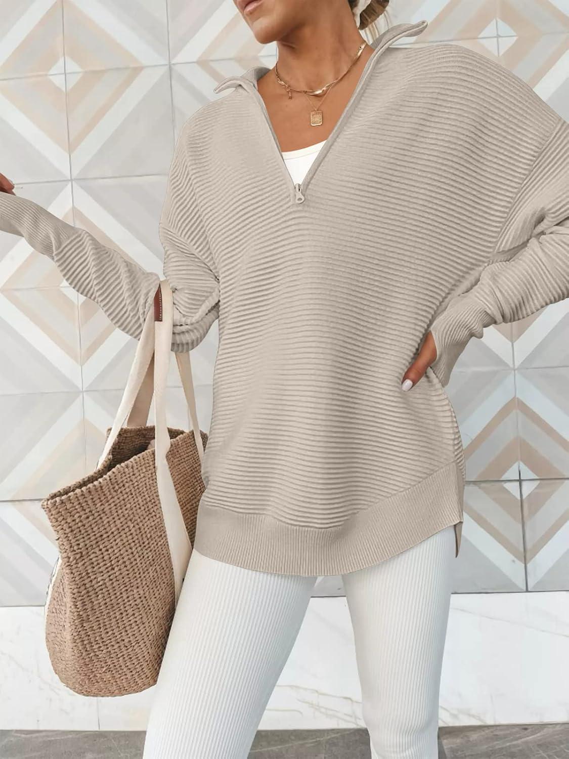 imageANRABESS Womens 2025 Fall Long Sleeve Half Zip Casual Oversized Ribbed Knit Pullover Sweater Top Thumb Hole Trendy OutfitsGray Apricot
