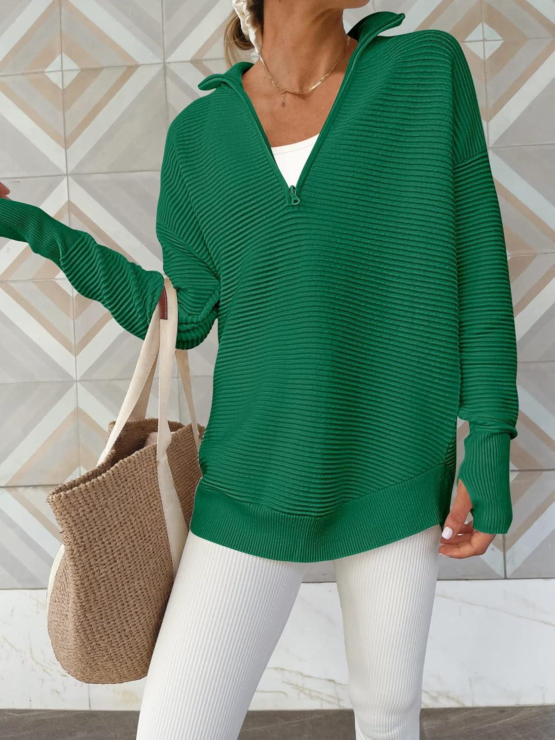 imageANRABESS Womens 2025 Fall Long Sleeve Half Zip Casual Oversized Ribbed Knit Pullover Sweater Top Thumb Hole Trendy OutfitsGreen