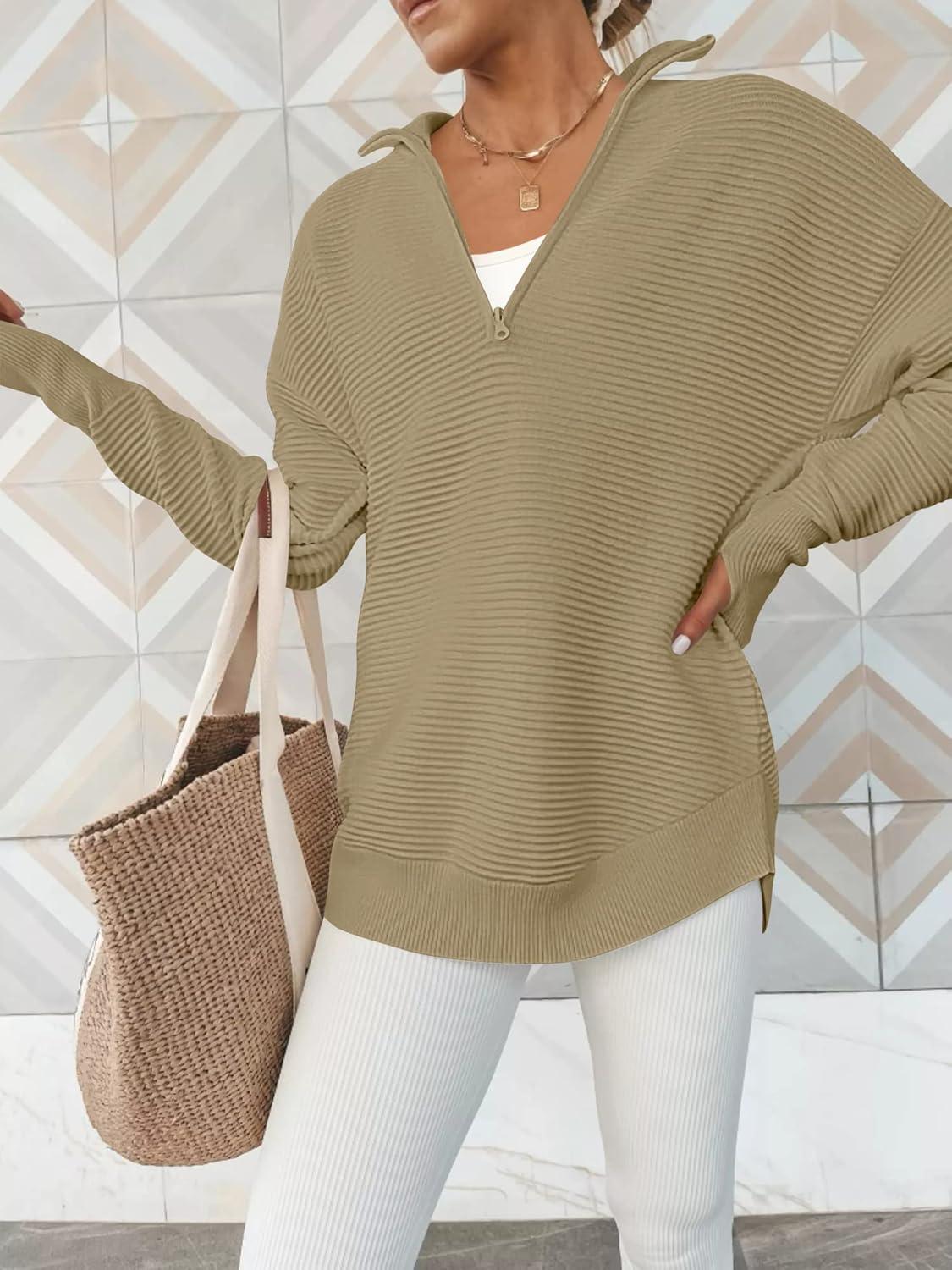 imageANRABESS Womens 2025 Fall Long Sleeve Half Zip Casual Oversized Ribbed Knit Pullover Sweater Top Thumb Hole Trendy OutfitsKhaki